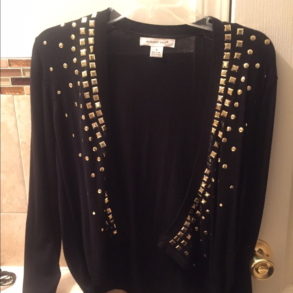 August Silk Black cardigan with gold tile border